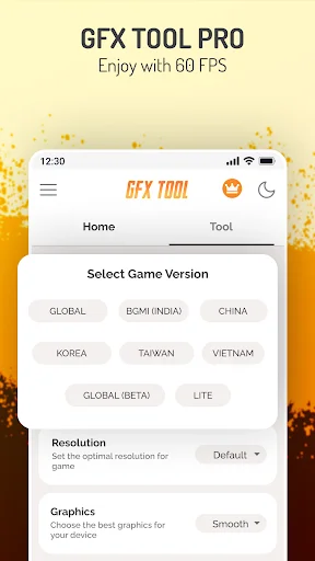 GFX Tool Pro home screen with game version selector, resolution and graphics settings for 60 FPS gaming optimization