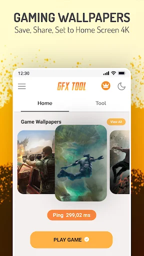 Gaming wallpapers gallery with 4K images, network ping indicator, and play game button for mobile game enhancement