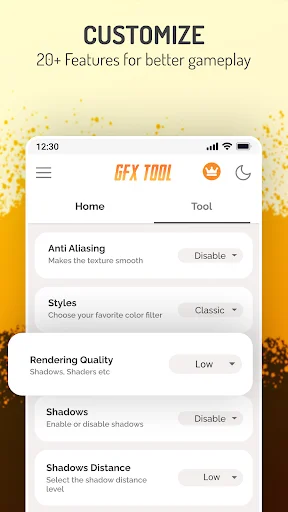 GFX Tool graphics customization menu with anti-aliasing, styles, rendering quality, and shadows for better gameplay