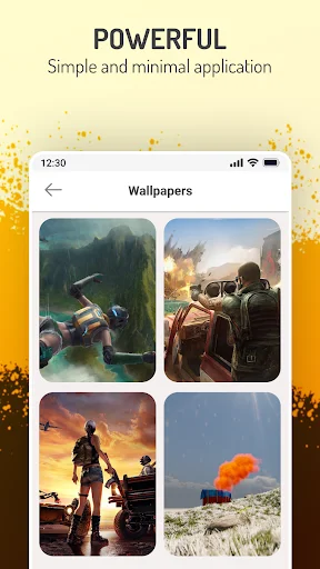 Game wallpapers collection in grid view with action game images, back navigation, and image selection options