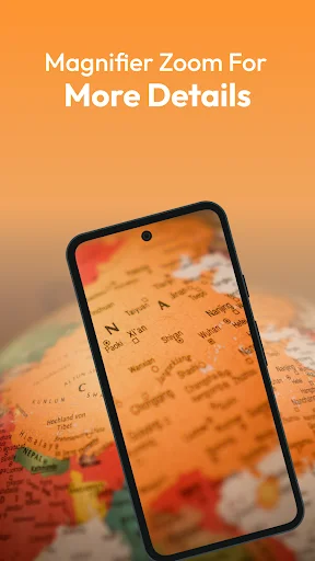 Magnifying Glass app displaying enlarged map text with zoom magnifier tool for reading more details on mobile device