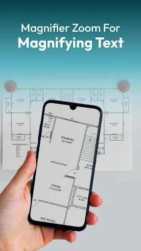 Text magnifier zoom feature displaying enlarged blueprint floor plan document on mobile magnifying glass app