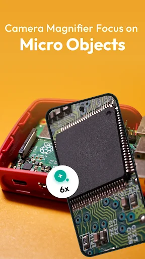 Micro object magnifier camera showing 6x zoom magnification of circuit board computer chip with macro magnifier tool