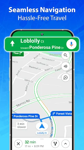 Navigate with turn-by-turn directions showing map route from LobHolly to Ponderosa Pine with 32 minute estimated drive time