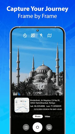 In-app camera feature to capture and save travel photos with location data and timestamp information