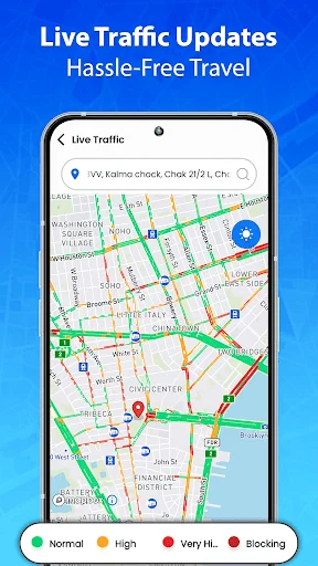 Live traffic map with color-coded congestion indicators showing normal, high, and blocking traffic conditions