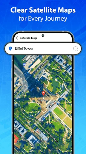 Satellite map view showing aerial perspective of Eiffel Tower and surrounding neighborhoods from above