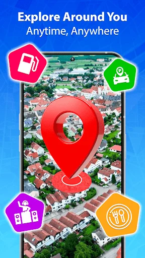 Nearby places explorer displaying location pin with category icons for gas stations, restaurants, hotels, and parking