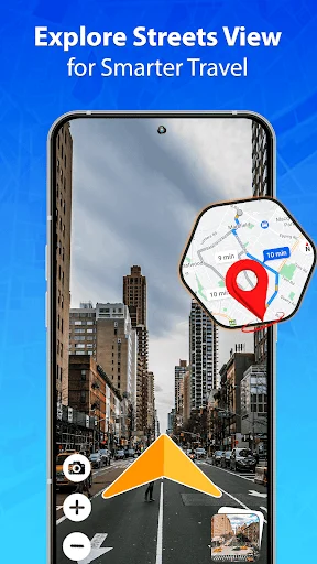 Street View navigation showing ground-level perspective of city buildings and streets with map position controls