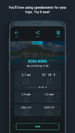 Trip summary screen displaying location, distance, duration, average speed, max speed, and elevation data from trip
