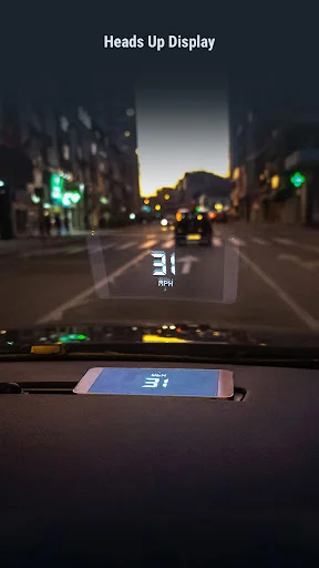 Heads-up speedometer display showing 31 mph speed overlay on road for real-time driving measurement from smartphone.