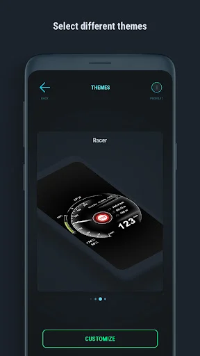 Speedometer theme selector with racer analog gauge design, carousel options, and customize button for personalization.