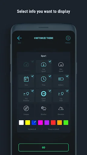 Customize speedometer display with selectable data: speed, time, compass, altitude, odometer, and color palette themes.
