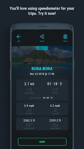 Trip statistics: Bora Bora location, 3.7 miles distance, 01:18:03 duration, 3.9 mph average speed, elevation, and save.