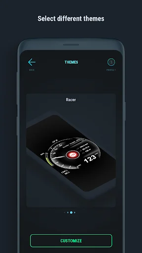 Racer speedometer theme with customizable racing-style circular gauge design and color options for speedometer display