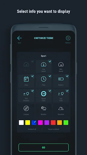 Customize speedometer display selecting speed, distance, altitude, time, and trip data with color preference options