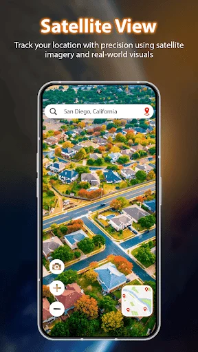 Satellite aerial view of San Diego with location search, displaying real-world imagery and map navigation controls