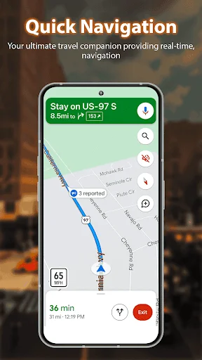 Real-time GPS navigation for US-97 S with 36-minute ETA, traffic alerts, and turn-by-turn directions for your route
