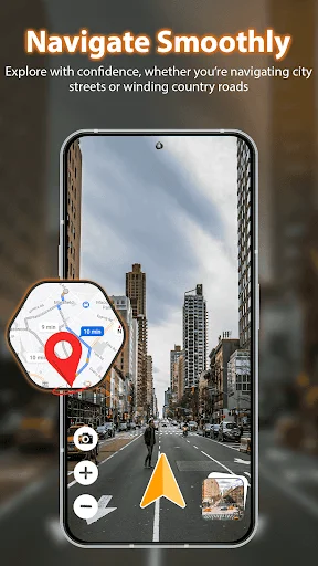 Street-level 3D navigation with yellow arrow guide, location map, and controls for confident navigation on any road