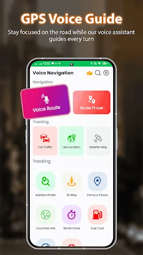Voice navigation menu with voice routes, route finder, traffic, location tools, maps, and travel features for guided driving