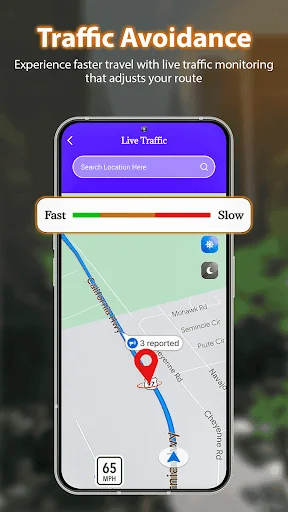 Live traffic monitoring with speed scale and color-coded route map for real-time traffic alerts and navigation optimization