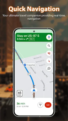 Quick Navigation displaying route on US-97 S with 36-minute estimated time and turn-by-turn driving directions