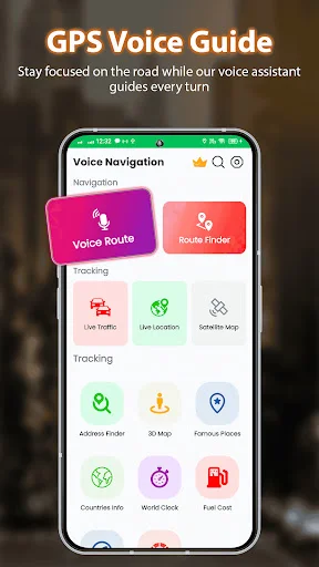 GPS Voice Guide menu featuring voice navigation, route finder, live traffic, offline maps, and location tools