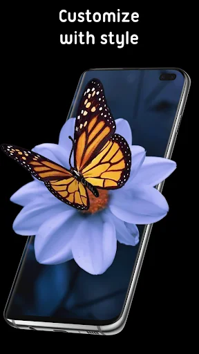Smartphone displaying blue flower with monarch butterfly 4D live wallpaper - Customize with style