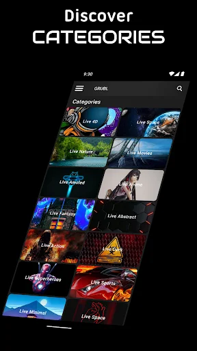 GRUBL categories grid with Live 4D, Live Music, Live Nature, Live Spaces, and other wallpaper theme collections
