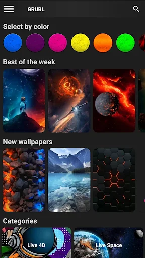 GRUBL app home screen showing color selector palette, Best of the Week wallpapers, New wallpapers, and Categories section