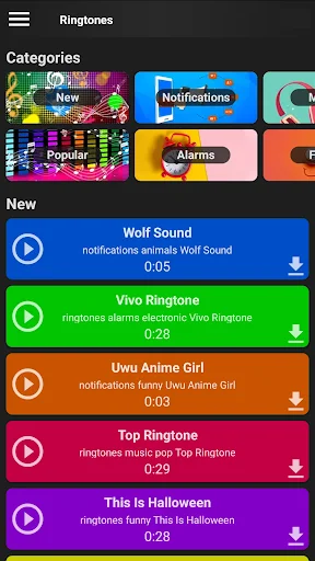 GRUBL ringtones interface with category tiles for New, Notifications, Popular, Alarms, and list of downloadable ringtones
