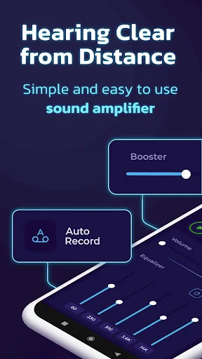 Hearing Clear intro screen: booster slider and auto record feature for mobile sound amplification app