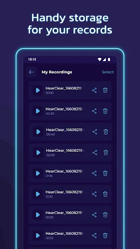 My Recordings library displaying saved audio files with timestamps, share, and delete controls