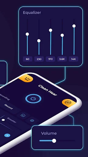 Equalizer audio enhancement interface with frequency sliders (60Hz-14K) and volume control settings