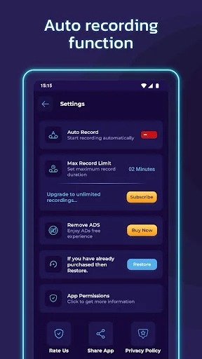 Settings page with auto recording toggle, recording limits, ads removal, and subscription options