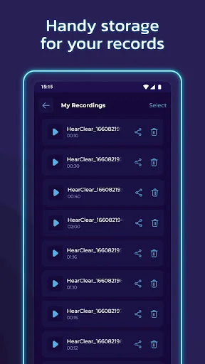 My Recordings library displaying saved audio files with timestamps, share, and delete controls