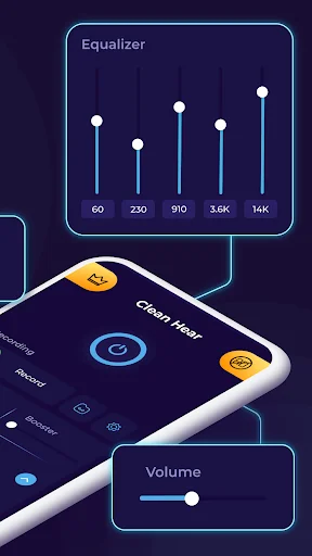 Equalizer audio enhancement interface with frequency sliders (60Hz-14K) and volume control settings