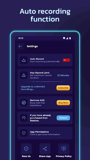 Settings page with auto recording toggle, recording limits, ads removal, and subscription options