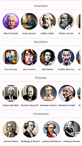 Historical figures browsing screen with categories: Scientists, Musicians, Politicians, Composers for AI educational chat.