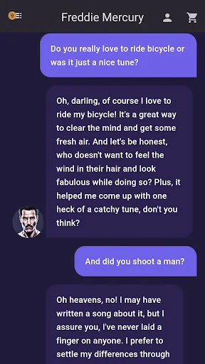 Freddie Mercury chat dialogue displaying user questions about personal interests with musician's AI-generated conversational responses