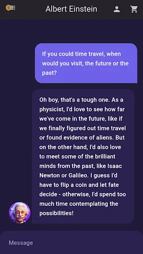 Chat interface with AI Albert Einstein answering question about time travel in educational conversation app.