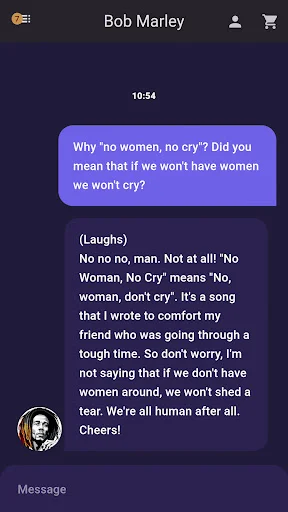 Conversation with AI Bob Marley explaining 'No Women, No Cry' song meaning in interactive chat interface.