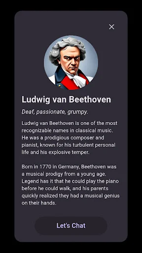 Ludwig van Beethoven character profile with biography and 'Let's Chat' button to start AI conversation.