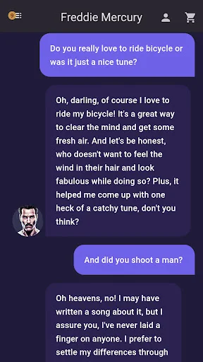 Chat interface with AI Freddie Mercury responding to user question in character-driven educational conversation.