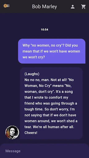 Bob Marley conversation screen showing user question about song meaning with AI musician's contextual explanation response