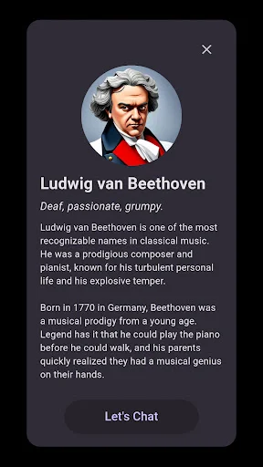 Ludwig van Beethoven character profile card with biography, personality description, and Let's Chat button to start conversation