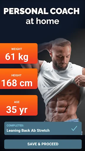 Personal Coach profile setup displaying weight, height, age, completed workout, save option