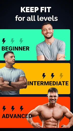 Workout difficulty levels selection: Beginner, Intermediate, Advanced fitness trainer options