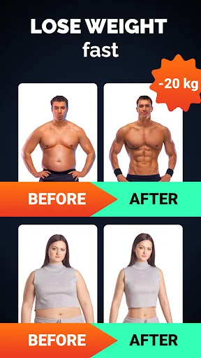 Before and after weight loss transformation results showing 20kg physical fitness improvement