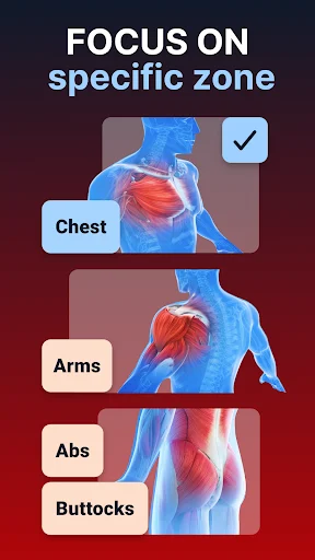 Specific muscle zone focus: Chest, Arms, Abs, Buttocks with anatomy visualization and heat map